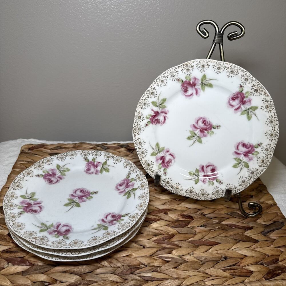 Set 4 Antique Bavaria Rose Salad Plates Z S & Co Orleans Gold Trim Germany